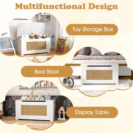 Costzon 31.5” Toy Chest for Kids, Rattan Toy Storage Box with Flip Top Lid & Safety Hinge