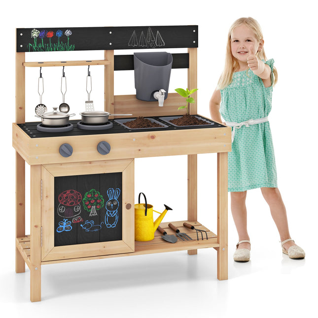 Costzon Mud Kitchen, Wooden Kids Kitchen Playset with 2 Removable Sinks