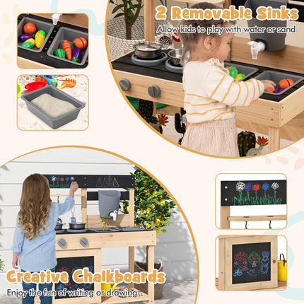 Costzon Mud Kitchen, Wooden Kids Kitchen Playset with 2 Removable Sinks