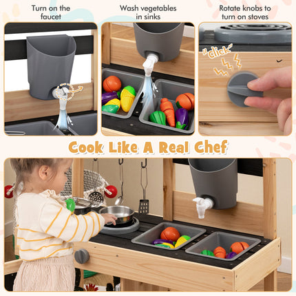 Costzon Mud Kitchen, Wooden Kids Kitchen Playset with 2 Removable Sinks