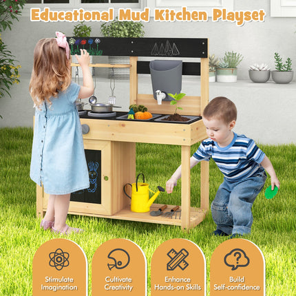 Costzon Mud Kitchen, Wooden Kids Kitchen Playset with 2 Removable Sinks
