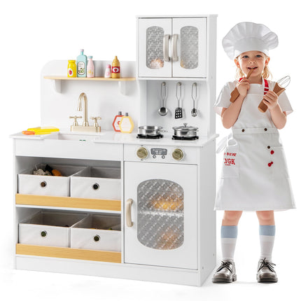 Costzon Wooden Kitchen Playset, Pretend Play Kitchen with Faucet, Sink, Stoves, Oven, Cookware & Play Food Accessories