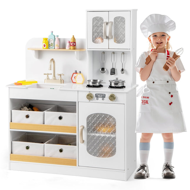 Costzon Wooden Kitchen Playset, Pretend Play Kitchen with Faucet, Sink, Stoves, Oven, Cookware & Play Food Accessories