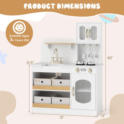 Costzon Wooden Kitchen Playset, Pretend Play Kitchen with Faucet, Sink, Stoves, Oven, Cookware & Play Food Accessories