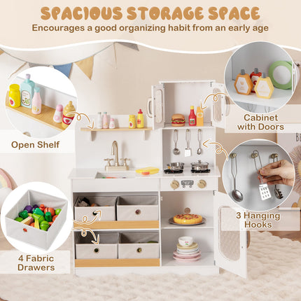 Costzon Wooden Kitchen Playset, Pretend Play Kitchen with Faucet, Sink, Stoves, Oven, Cookware & Play Food Accessories