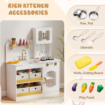 Costzon Wooden Kitchen Playset, Pretend Play Kitchen with Faucet, Sink, Stoves, Oven, Cookware & Play Food Accessories