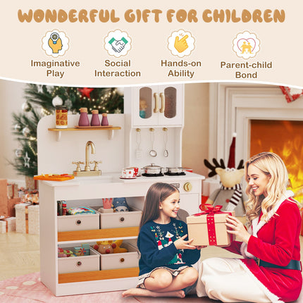 Costzon Wooden Kitchen Playset, Pretend Play Kitchen with Faucet, Sink, Stoves, Oven, Cookware & Play Food Accessories