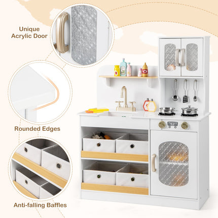 Costzon Wooden Kitchen Playset, Pretend Play Kitchen with Faucet, Sink, Stoves, Oven, Cookware & Play Food Accessories