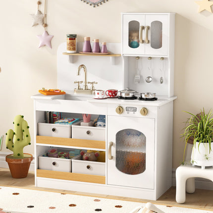 Costzon Wooden Kitchen Playset, Pretend Play Kitchen with Faucet, Sink, Stoves, Oven, Cookware & Play Food Accessories