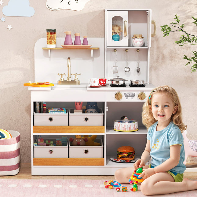 Costzon Wooden Kitchen Playset, Pretend Play Kitchen with Faucet, Sink, Stoves, Oven, Cookware & Play Food Accessories