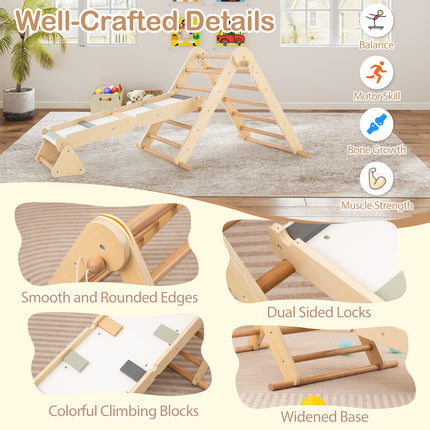 Costzon 3-in-1 Pikler Triangle Climbing Set, Kids Montessori Climbing Toys w/ Dual-Side Ramp & Adjustable Climbing Triangle