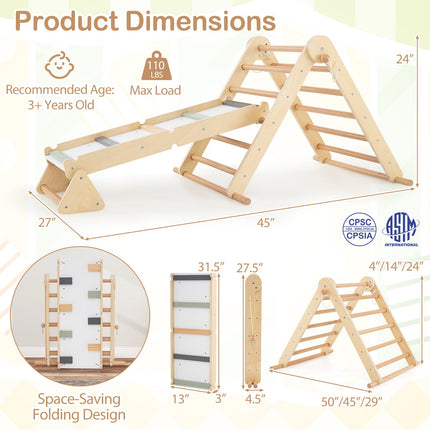 Costzon 3-in-1 Pikler Triangle Climbing Set, Kids Montessori Climbing Toys w/ Dual-Side Ramp & Adjustable Climbing Triangle