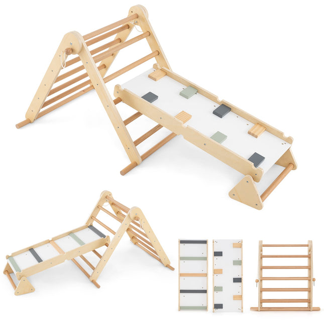 Costzon 3-in-1 Pikler Triangle Climbing Set, Kids Montessori Climbing Toys w/ Dual-Side Ramp & Adjustable Climbing Triangle