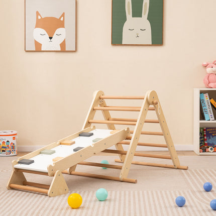 Costzon 3-in-1 Pikler Triangle Climbing Set, Kids Montessori Climbing Toys w/ Dual-Side Ramp & Adjustable Climbing Triangle