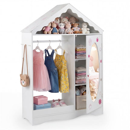 Costzon Kids Dress Up Storage with Mirror Roofed Wardrobe Closet