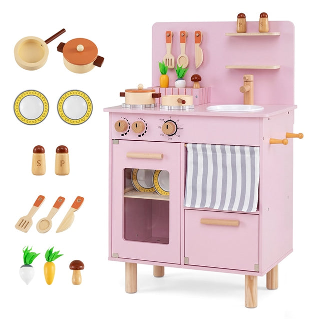 Costzon Toddler Kitchen Playset | Wooden Play Kitchen w/Cookware Accessories