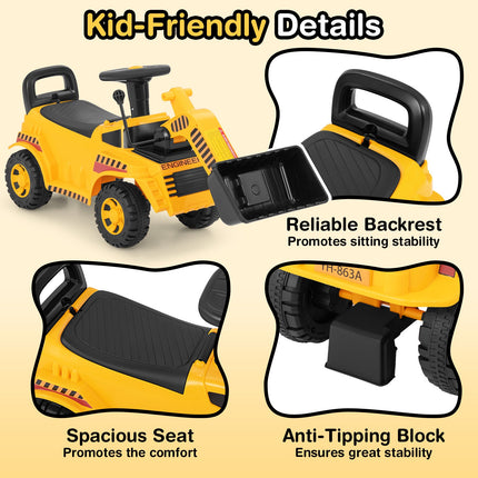 Costzon Kids Ride on Excavator, No Power Bulldozer w/ Adjustable Front Bucket, Engine Sound & Under-seat Storage