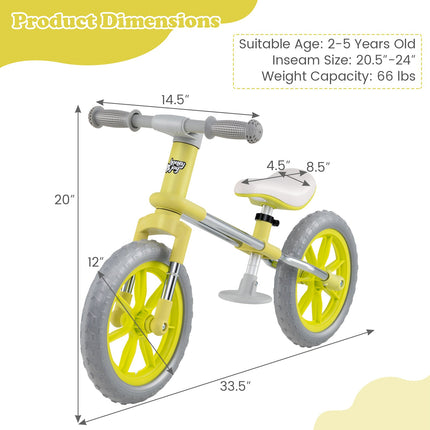Costzon 12” Balance Bike, 2 Wheels Children’s Bicycle with Adjustable Seat