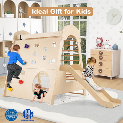 8-in-1 Indoor Jungle Gym Wooden Playground with Climbing Wall