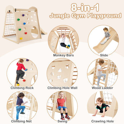 8-in-1 Indoor Jungle Gym Wooden Playground with Climbing Wall