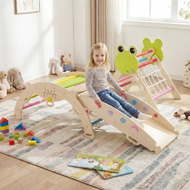 Triangle Climbing Set Foldable Jungle Gym with Arch Ramp and Climber-Multicolor
