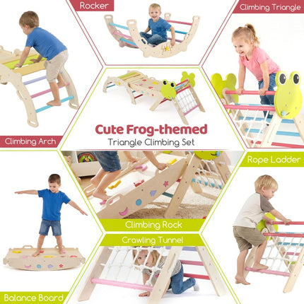Triangle Climbing Set Foldable Jungle Gym with Arch Ramp and Climber-Multicolor
