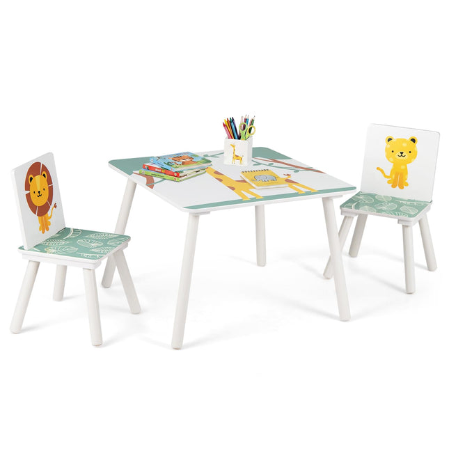 Costzon 3 PCS Wood Kids Table and Chairs with Animal Patterns for Aged 3-6 Years Old