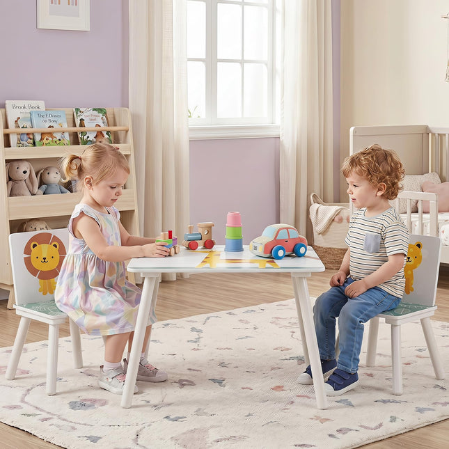 Costzon 3 PCS Wood Kids Table and Chairs with Animal Patterns for Aged 3-6 Years Old