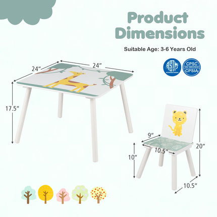Costzon 3 PCS Wood Kids Table and Chairs with Animal Patterns for Aged 3-6 Years Old