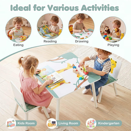 Costzon 3 PCS Wood Kids Table and Chairs with Animal Patterns for Aged 3-6 Years Old