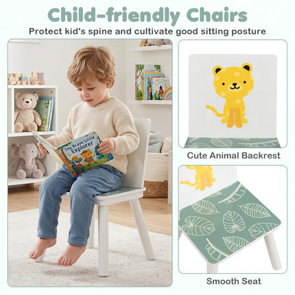 Costzon 3 PCS Wood Kids Table and Chairs with Animal Patterns for Aged 3-6 Years Old