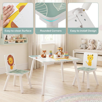 Costzon 3 PCS Wood Kids Table and Chairs with Animal Patterns for Aged 3-6 Years Old
