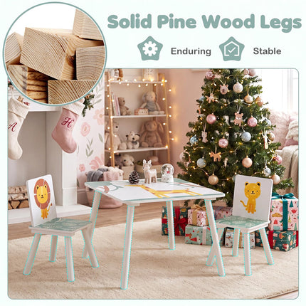 Costzon 3 PCS Wood Kids Table and Chairs with Animal Patterns for Aged 3-6 Years Old