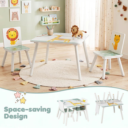 Costzon 3 PCS Wood Kids Table and Chairs with Animal Patterns for Aged 3-6 Years Old