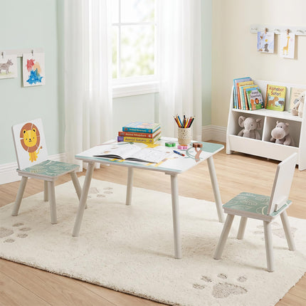 Costzon 3 PCS Wood Kids Table and Chairs with Animal Patterns for Aged 3-6 Years Old