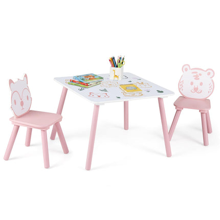 Costzon 3 PCS Wood Kids Table and Chairs with Animal Patterns for Aged 3-6 Years Old