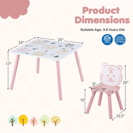 Costzon 3 PCS Wood Kids Table and Chairs with Animal Patterns for Aged 3-6 Years Old