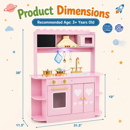 Wooden Play Kitchen with Lights & Sounds and Stove Oven for Toddlers Ages 3+