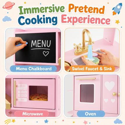 Wooden Play Kitchen with Lights & Sounds and Stove Oven for Toddlers Ages 3+