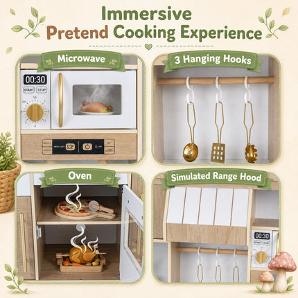 Costzon Wooden Play Kitchen for Kids Toddler Pretend Kitchen Toy with Realistic Lights