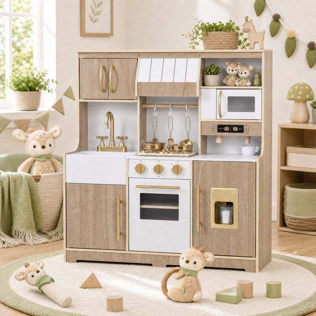 Costzon Wooden Play Kitchen for Kids Toddler Pretend Kitchen Toy with Realistic Lights