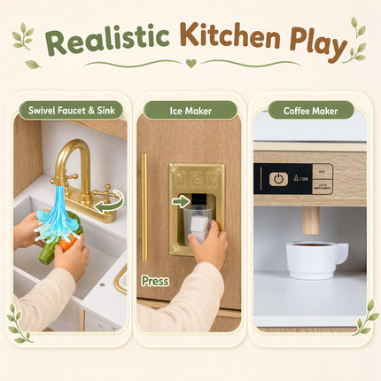 Costzon Wooden Play Kitchen for Kids Toddler Pretend Kitchen Toy with Realistic Lights