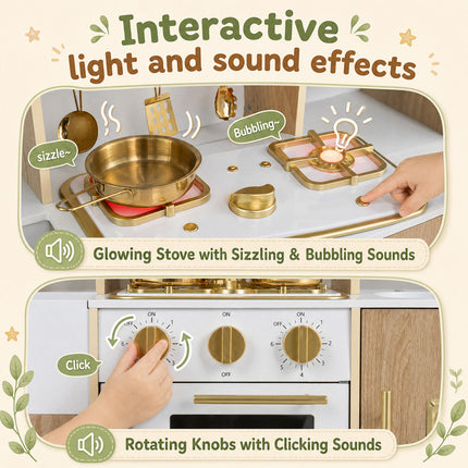 Costzon Wooden Play Kitchen for Kids Toddler Pretend Kitchen Toy with Realistic Lights