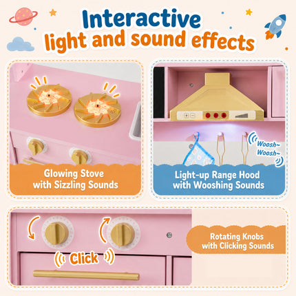 Wooden Play Kitchen with Lights & Sounds and Stove Oven for Toddlers Ages 3+