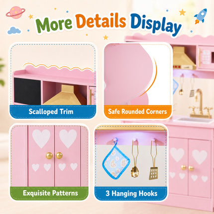Wooden Play Kitchen with Lights & Sounds and Stove Oven for Toddlers Ages 3+