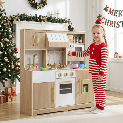 Costzon Wooden Play Kitchen for Kids Toddler Pretend Kitchen Toy with Realistic Lights