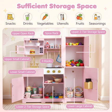 Wooden Play Kitchen with Lights & Sounds and Sink Stove Oven for Kids Ages 3+