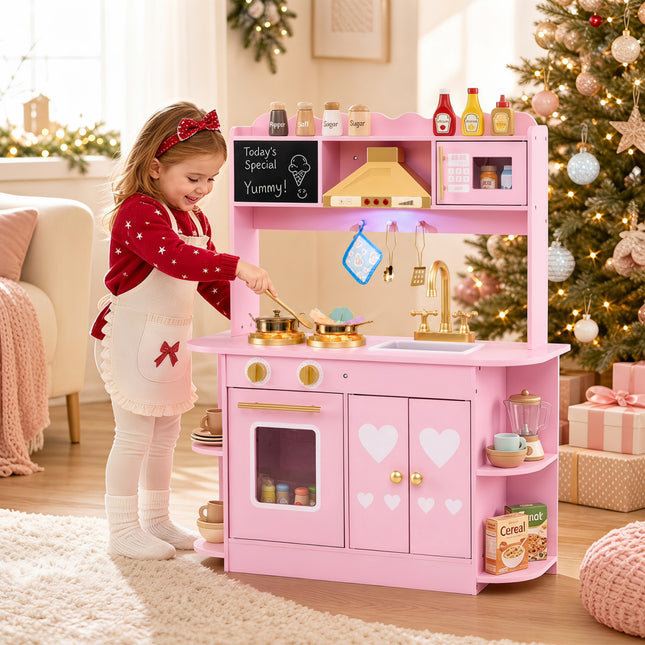 Wooden Play Kitchen with Lights & Sounds and Stove Oven for Toddlers Ages 3+