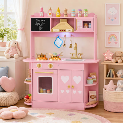 Wooden Play Kitchen with Lights & Sounds and Stove Oven for Toddlers Ages 3+