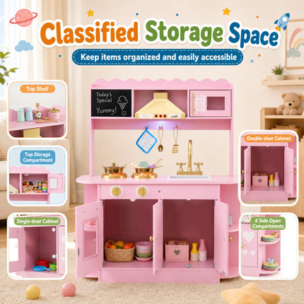 Wooden Play Kitchen with Lights & Sounds and Stove Oven for Toddlers Ages 3+